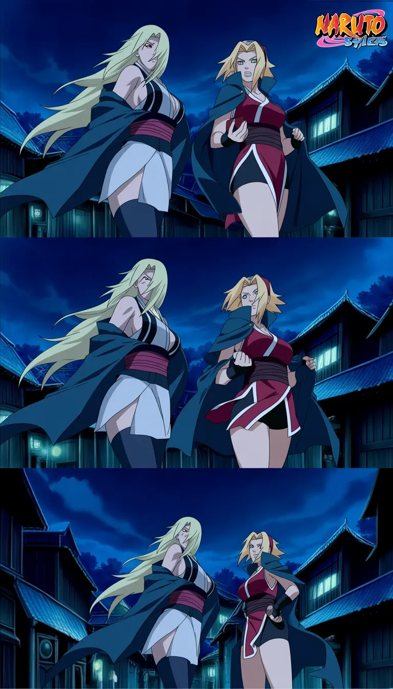 Create a stylized anime-inspired video featuring two female ninja characters from Naruto, one being sakura haruno, Big titty characters with athletic curvy physiques, dramatic oversized fantasy-style proportions, sleek custom shinobi outfits, and confident personalities. Set the scene in a moonlit village with cinematic lighting, dynamic camera movement, wind-blown hair and clothing, expressive faces, and polished high-detail animation.
