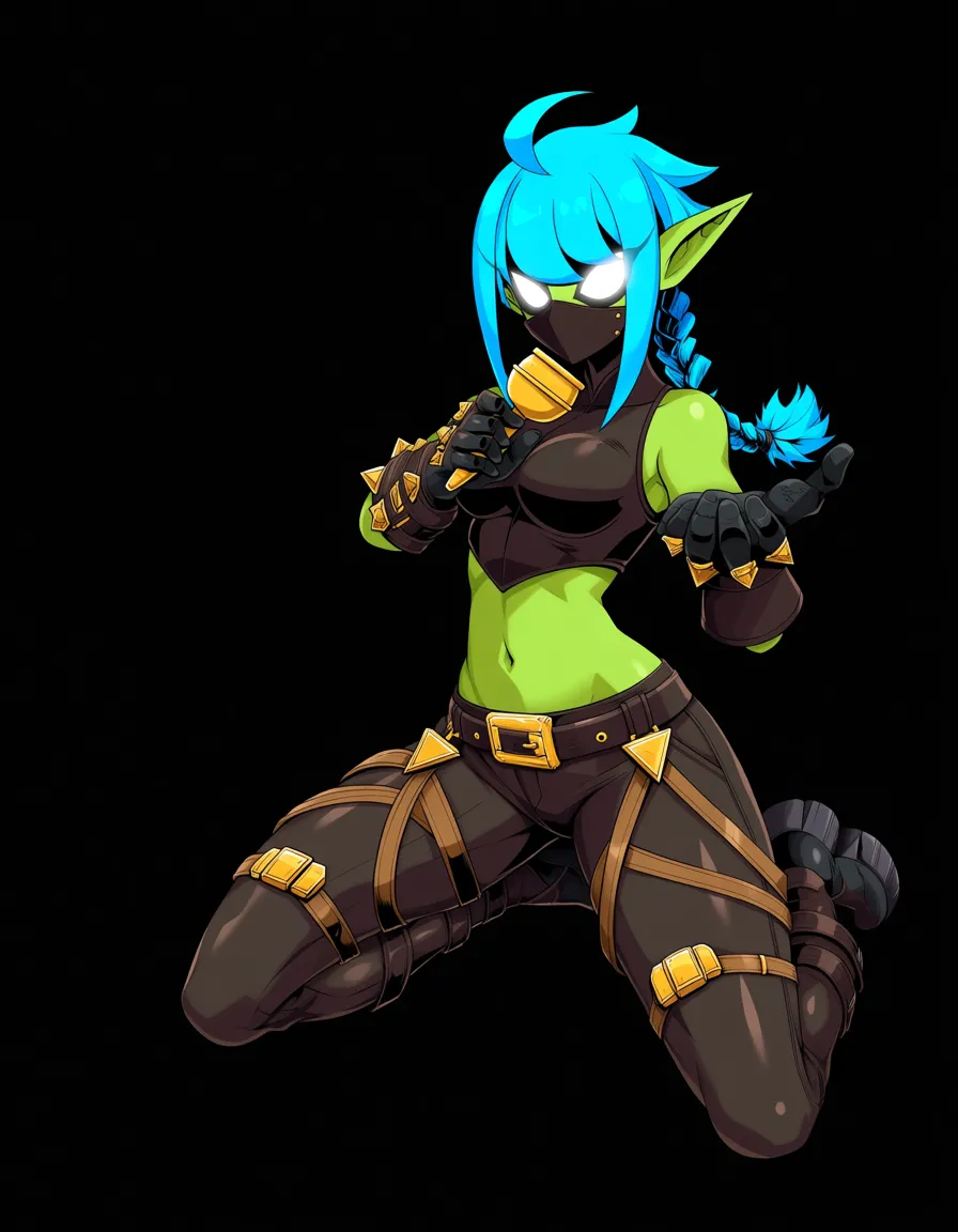 highly detailed, sharp, 1girl, kneeling on bed, detailed shading, Green skin, large glowing white eyes, simplified facial features, dark face mask, long pointed elf-like ears, bright blue hair, thick swept fringe, chunky bangs, long braided ponytail, loose hair tuft, dark brown sleeveless cropped top, fitted leather-like material, exposed midriff, oversized dark brown leather gauntlets, broad wrist straps, gold rectangular buckles, gold triangular studs, dark brown fitted trousers, low waist, narrow belt, small rectangular buckle, asymmetrical folded fabric, dark brown heavy boots, broad rounded toes, tan straps, large gold rectangular buckles, dark brown and black clothing, leather materials, gold metallic accents, fantasy rogue style, assassin-like clothing, agile fighter appearance, butt naked, hentai_studio_quality, holding_spoon, hentai_studio_quality, hentai_studio_quality