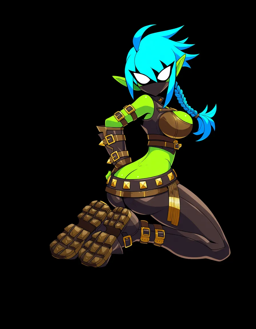 highly detailed, sharp, 1girl, kneeling on bed, detailed shading, Green skin, large glowing white eyes, simplified facial features, dark face mask, long pointed elf-like ears, bright blue hair, thick swept fringe, chunky bangs, long braided ponytail, loose hair tuft, dark brown sleeveless cropped top, fitted leather-like material, exposed midriff, oversized dark brown leather gauntlets, broad wrist straps, gold rectangular buckles, gold triangular studs, dark brown fitted trousers, low waist, narrow belt, small rectangular buckle, asymmetrical folded fabric, dark brown heavy boots, broad rounded toes, tan straps, large gold rectangular buckles, dark brown and black clothing, leather materials, gold metallic accents, fantasy rogue style, assassin-like clothing, agile fighter appearance, butt naked, hentai_studio_quality, hentai_studio_quality, hentai_studio_quality