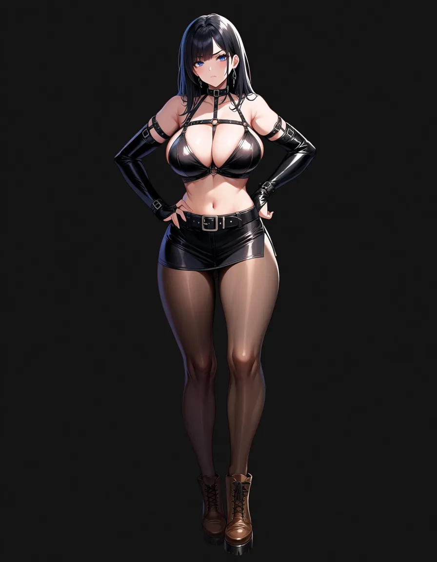 masterpiece, best quality, goth, bondage, brown footwear, black hair, blurry background, detailed shading, hentai_studio_quality