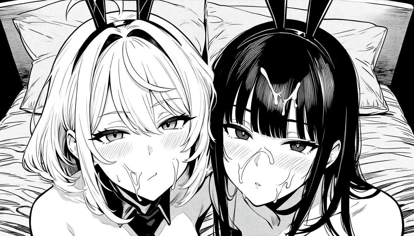 best quality, polished, 2girls, animal ears, official alternate costume, cum on face, bed, manga panel look