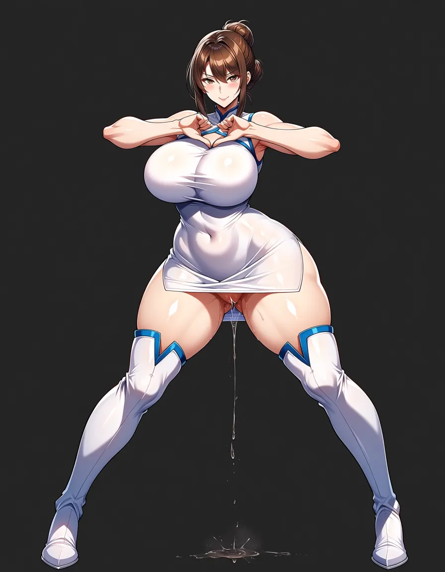 mature_female, mole_under_eye, hair_bun, tight dress, white_dress, dress_lift, standing with legs at a wide stance, dripping pussy, pussy_juice, solo female, thigh_boots, wide_hips, curvy, brown hair, brown eyes, hair_ribbon, hentai_studio_quality