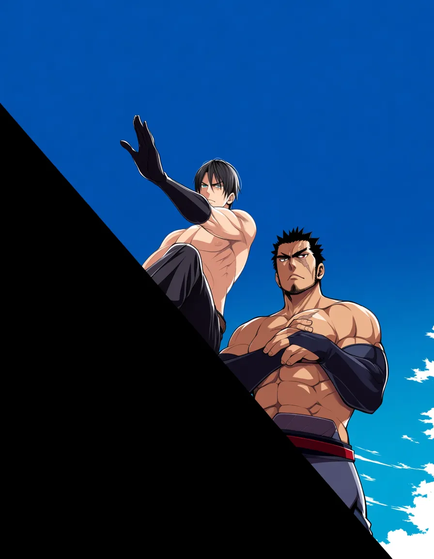 ultra detailed shading, 2boys, scar, elbow gloves, topless, blue sky, visual novel art, hentai_studio_quality