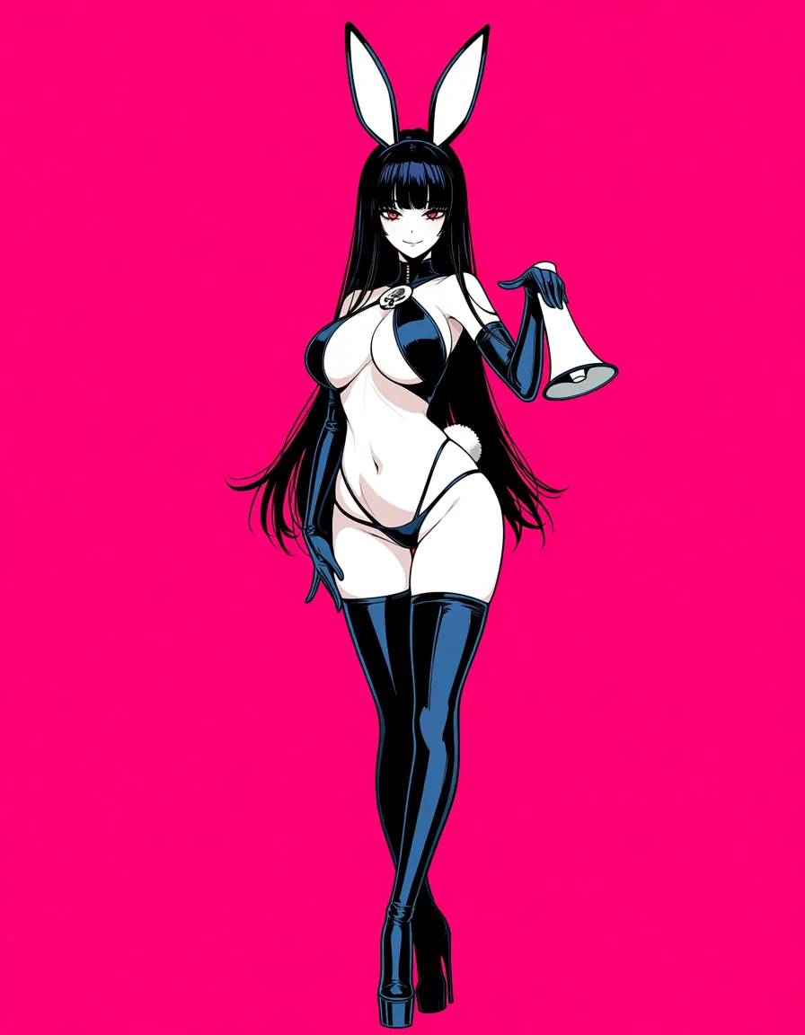 Perfect Anatomy, Perfect Hands, Perfect Feet, Perfect Proportions, 1girl, goth, rabbit ears, rabbit tail, black hair, long hair, thighhighs, light smile, pink background, queen of spades symbol, revealing clothes, submissive, flirting, cheerleader, cheerleader outfit, full_body, megaphone, reflective_vest, hand_on_own_hip, hentai_studio_quality