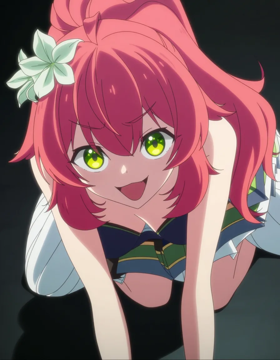 highly detailed, sharp, milf, flower, on all fours, playful expression, manga panel look, (anime style:1.3), 2d, anime screencap, cel shading, flat color