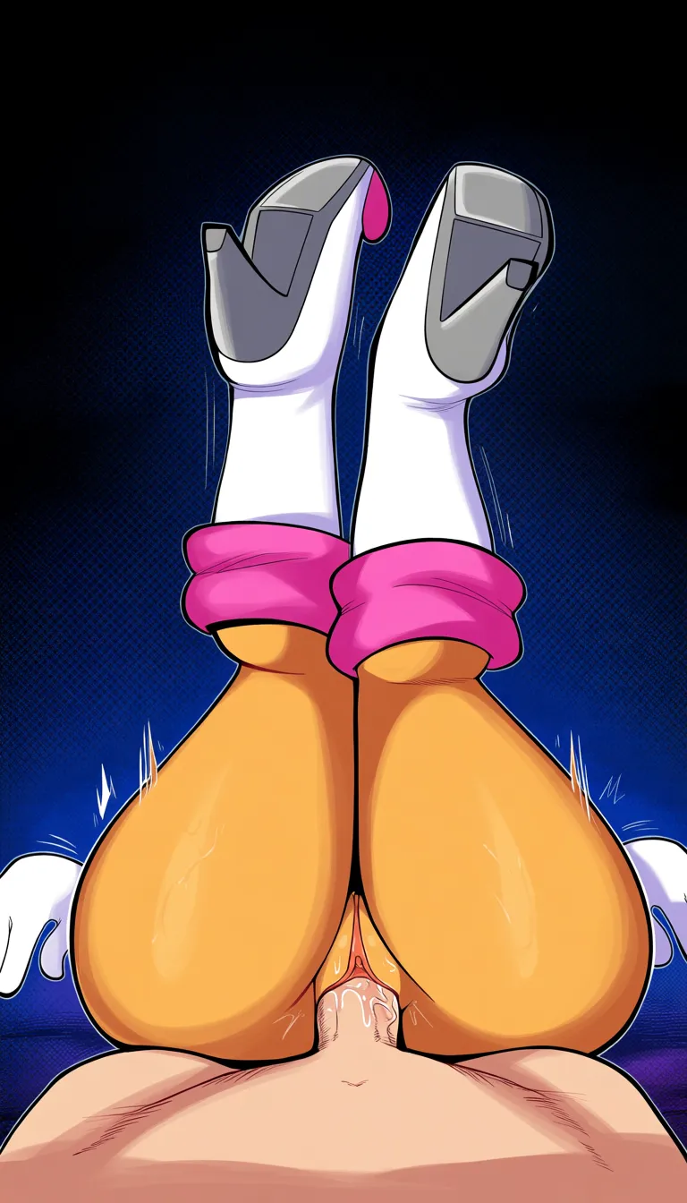 Original style Rouge the bat from Sonic Adventure, matching white gloves with pink cuffs, and white boots with pink cuffs, legs up on air, Hills , lying on ground, no butt crack, medium ass, naked ass, no pants, naked thighs, pussy, pussy juice, medium breasts, looking on viewer, sultry smile, manga panel look, open mouth, moaning, pov things in air sex, pov vaginal sex, pov white no hairs cock, no pov hands, hentai_studio_quality, hentai_studio_quality
