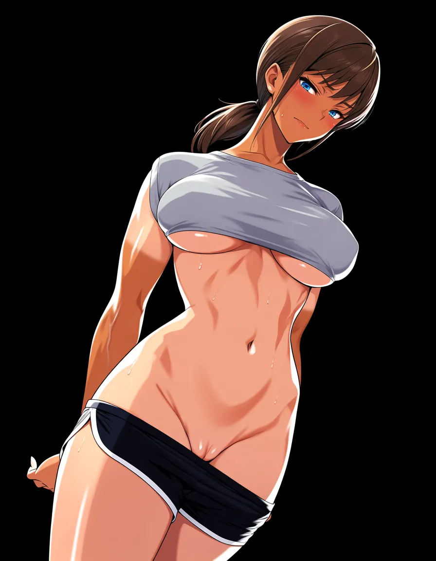 Woman 20 ,slim,curvy,brown hair,ponytail, bangs,blue eyes, tanned skin,grey cropped top,black gym dolphin shorts,cowgirl sex in gym,orgasm expression,,medium round breasts,oiled body,Dynamic angle,underboob,panty pull, exposed pussy, male, huge long girthy veiny caucasian cock, heavy balls, fit male, hentai_studio_quality