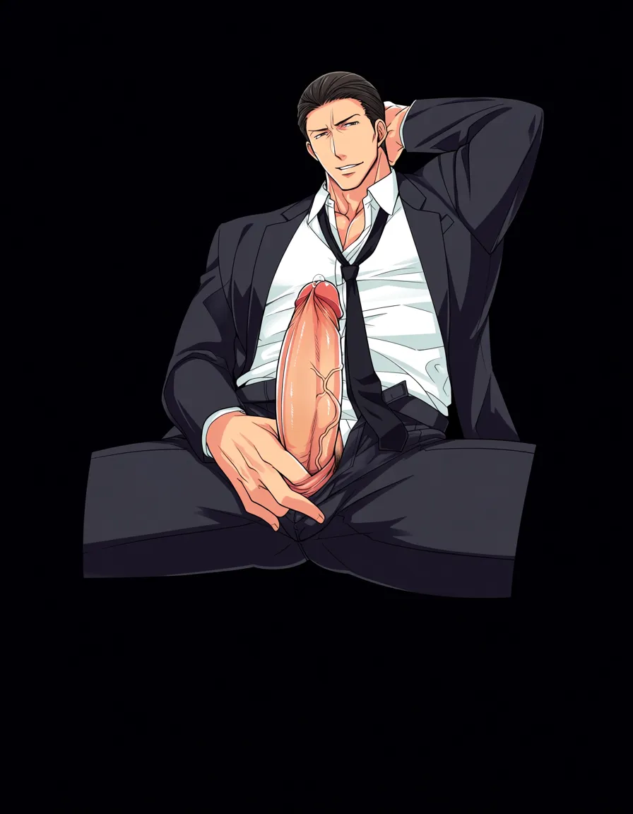 half-lidded seductive gaze, parted lips, sitting reclined on a dark couch, one arm raised behind his head, other hand in his lap, wearing a black suit jacket, white dress shirt slightly tight on the chest, black necktie loose and hanging down, black dress trousers unzipped, large thick erect penis pulled out of the open fly, foreskin pulled back, prominent veins, hand wrapped around the base of the cock, precum at the tip, clothes still on, dark background, glossy anime hentai style, shiny skin highlights, clean lineart, detailed anatomy, uncensored, hentai_studio_quality, /best_quality, #1boy, @gojou_satoru, hentai_studio_quality, (anime style:1.3), 2d, anime screencap, cel shading, flat color