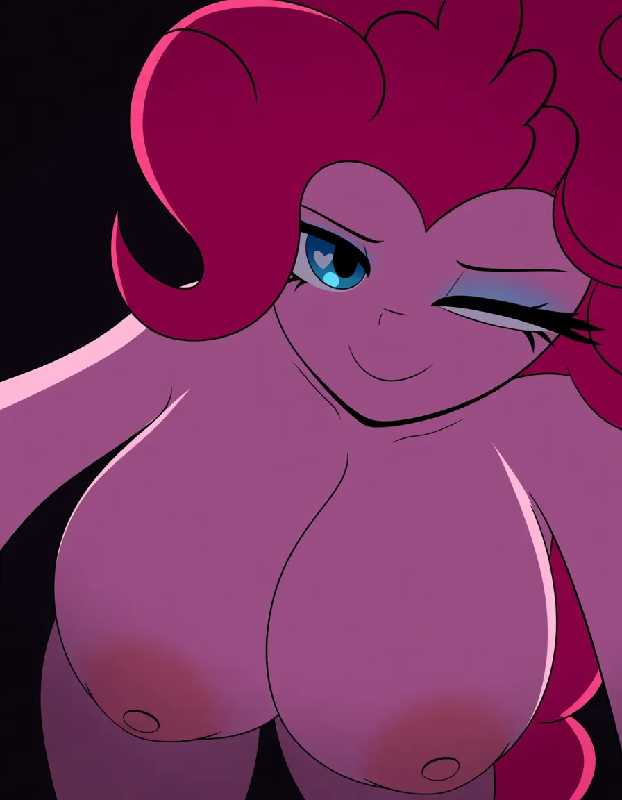 Pinkie pie, looking_at_viewer, cocky, eyes half closed, seductive_smile, naked, huge breasts, looking_up, pink skin, my little pony, selfie, hentai_studio_quality