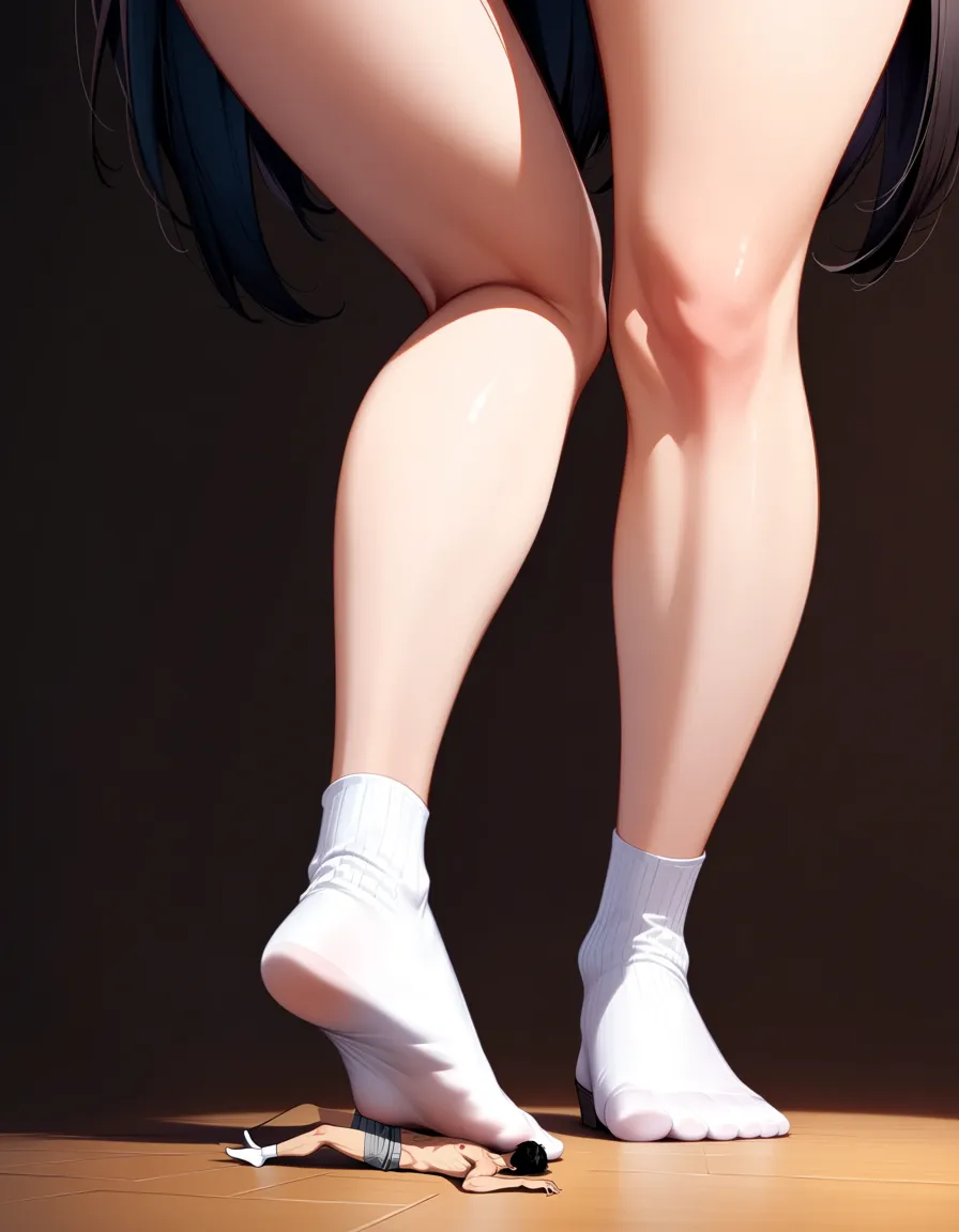Beautiful white adult woman with black hair stepping on a tiny man with her white socks who is around 15cm tall laying on the floor beneath her feet, hentai_studio_quality