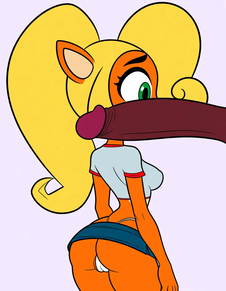 Coco bandicoot, thin body, wearing a short shirt that shows her boobs, and short miniskirt that shows her small white thong and small ass.
hentai_studio_quality
looking at big penis in front of her face. wide-eyed, hentai_studio_quality