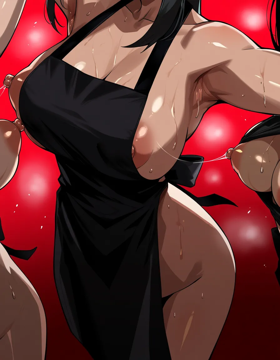 highly detailed, sharp, naked barista apron, armpits, sweaty body, nipples, nipple_stimulation, nipple_slip, multiple_girls, hentai_studio_quality