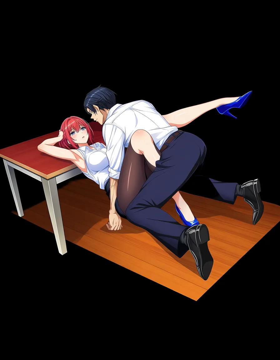 highres, vivid, couple, armpits, shoes, on all fours, table, anime style, hentai_studio_quality