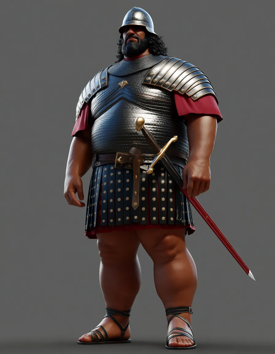 futa roman praetorian guard roman black metal helmet roman black metal segmentata armor roman black leather skirt roman black leather sandals roman black metal scutum shield roman gladius sword chubby tall dark skin black hair bimbo guarding gate luxury marmol halllway fat bulge, score_9, score_8, 3d render, octane render, subsurface scattering, ray tracing, smooth shading