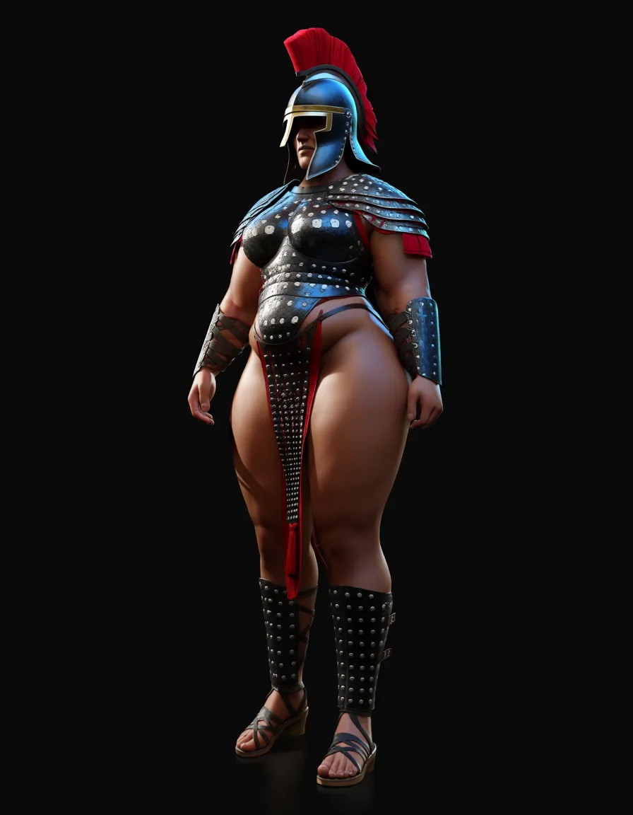 futa roman praetorian guard roman black metal helmet roman black metal segmentata armor roman black leather skirt roman black leather sandals roman black metal scutum shield roman gladius sword chubby tall dark skin black hair bimbo guarding gate luxury marmol halllway fat, bulge, thick_thighs revealing_clothes,, score_9, score_8, 3d render, octane render, subsurface scattering, ray tracing, smooth shading