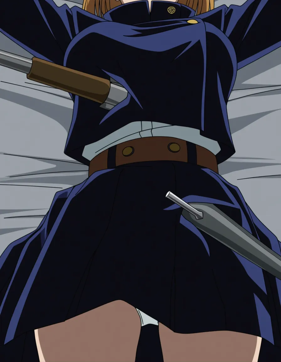 Nobara Kugisaki from the anime Jujutsu Kaisen: She’s wearing her uniform and is lying on a bed. Her arms are extended up, and a gray tool nail (from her trademark "nail + hammer" attack style) is shown as going through her left sleeve as well as another going through her right sleeve, pinning her down. Her skirt is riding up, exposing her white panties. Her hammer is on her left side., (anime style:1.3), 2d, anime screencap, cel shading, flat color, (anime style:1.3), 2d, anime screencap, cel shading, flat color