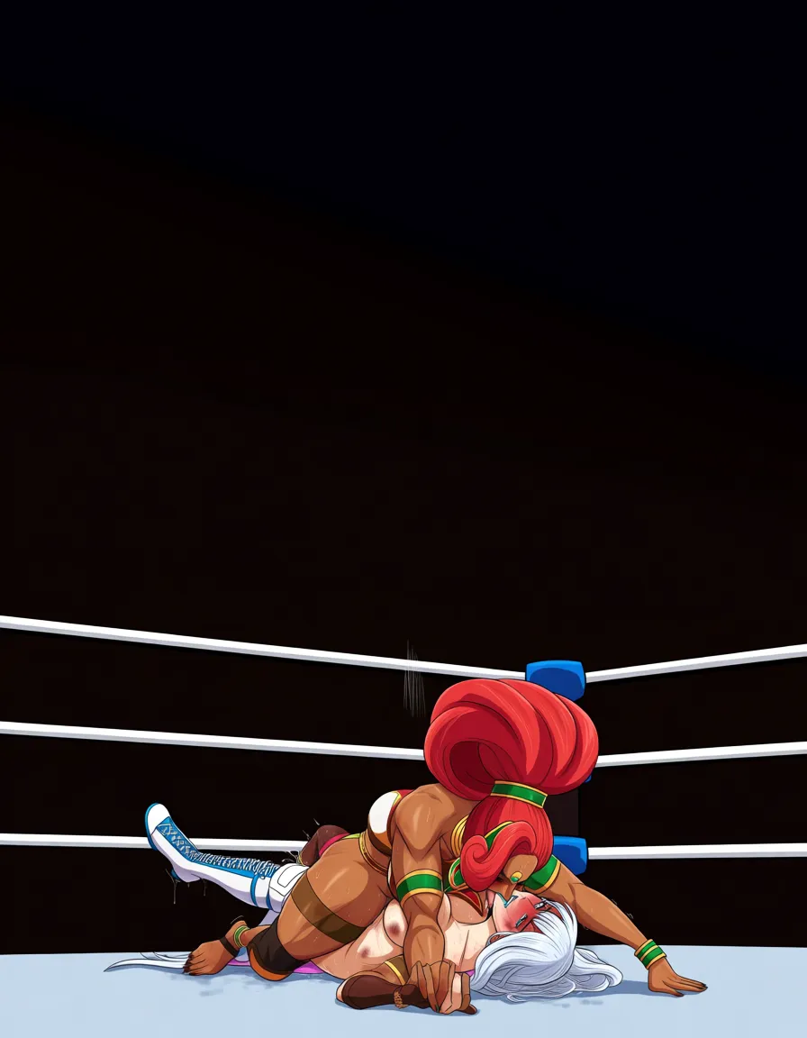 Majin_android_21_white_hair , urbosa , 2girls yuri sex , wrestling_ring, wrestling orgasm pussy_juice, defeated, squirting , bruised, sweat vaginal scratches oral cunnilingus on_floor_sitting licking, hentai_studio_quality, hentai_studio_quality, hentai_studio_quality