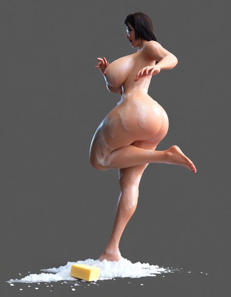 nude woman, big breasts, big butt, thick thighs, pussy visible, shocked, soap bar, soap dripping off body, lots of soap on floor, accidentally slipping on soap, foot sliding, falling down, trying to stand, score_9, score_8, 3d render, octane render, subsurface scattering, ray tracing, smooth shading