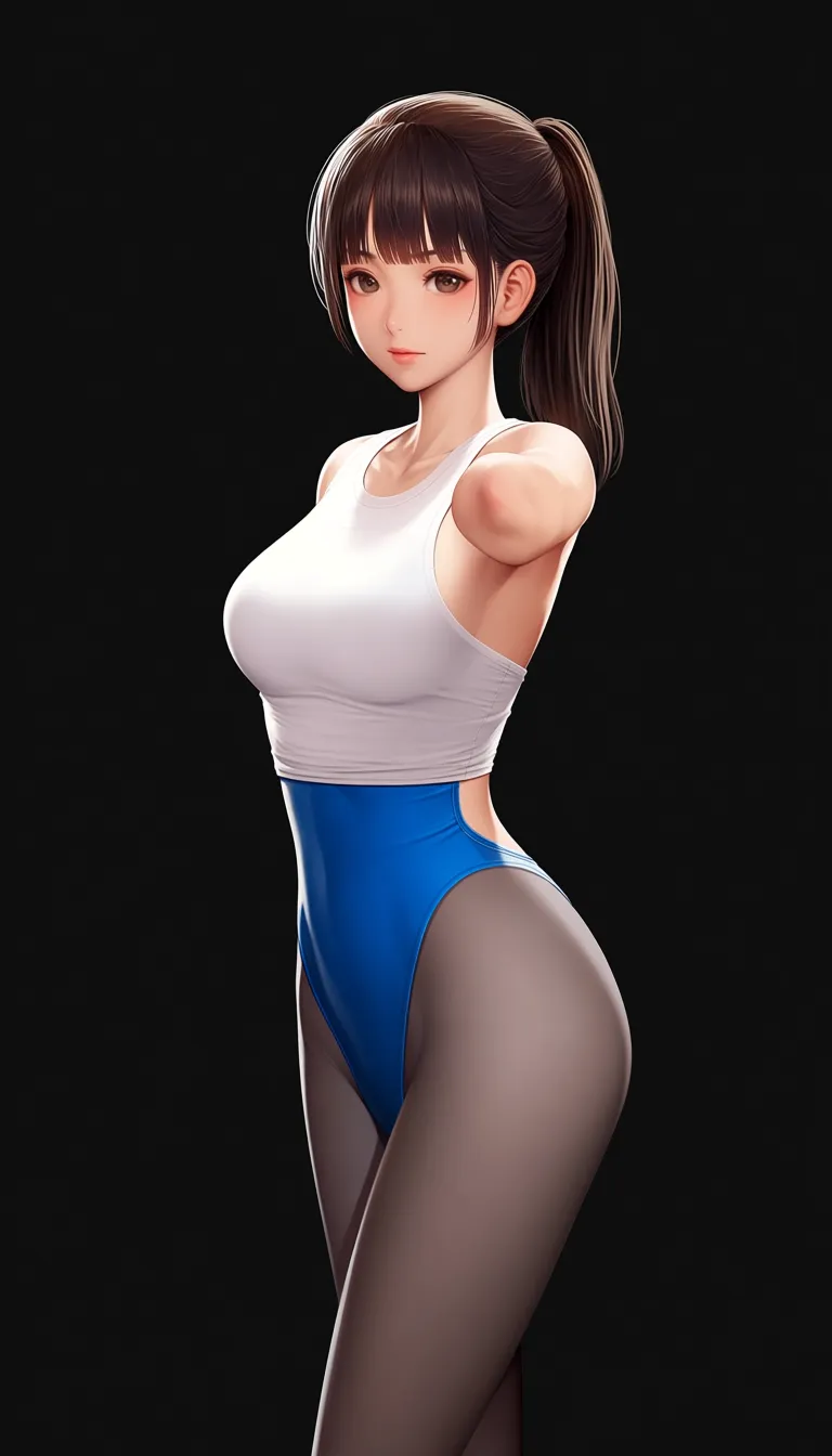 realistic, highly_detailed, asian, cute, dark brown hair, ponytail, backless_outfit, sideless_outfit, white sleeveless_shirt, tank_top, blue highleg_leotard, grey pantyhose, medium_breasts, narrow_waist, fit, standing, puzzled look, indoors, simple_background,, hentai_studio_quality