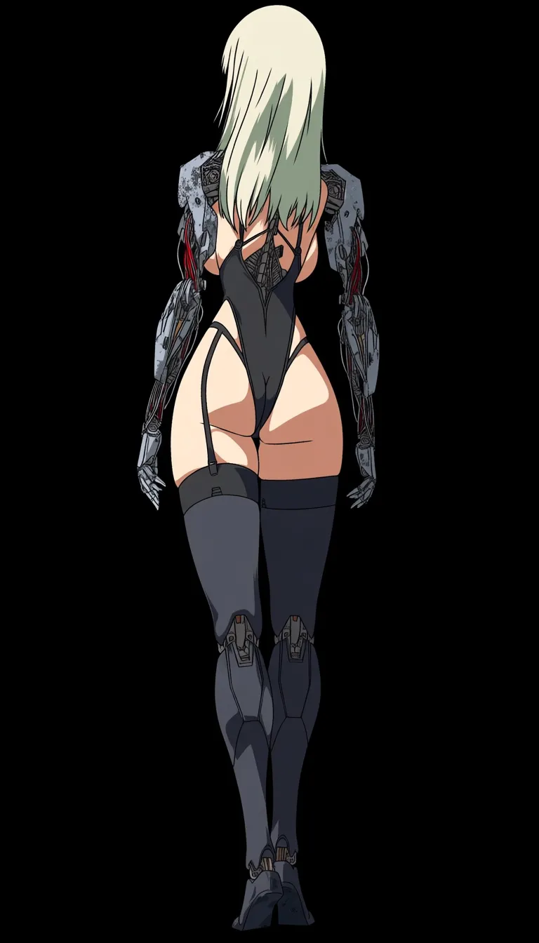 manga panel look, cibo_(blame!), tsutomu_nihei style, blame!, hime_cut, platinum blonde hair, black mechanical_arms, solid detailed mechanical_legs, doll joints, cyborg woman, giant boobs, sleeveless highleg leotard, backless_outfit, thighhighs, garter_straps, standing, facing_viewer, carrying giant long sci-fi device, cluttered style, wires, ultra detailed, masterpiece, cyberpunk, full_body, zoom_layer, colored character art foreground, greyscale background, ultra detailed background, decaying megastructure Victorian architecture in background, concrete., (anime style:1.3), 2d, anime screencap, cel shading, flat color, @00osamio00