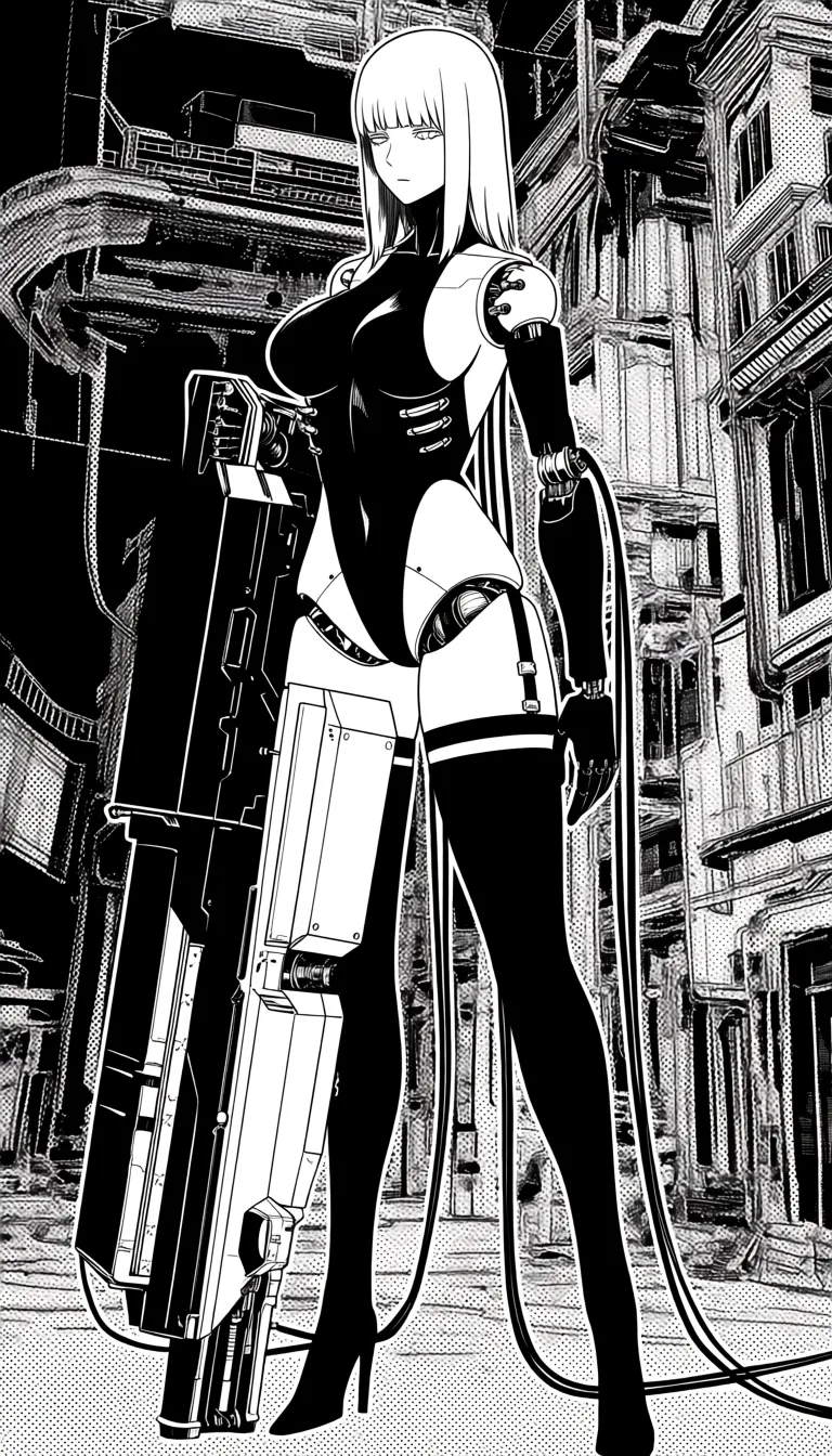 manga panel look, cibo_(blame!), tsutomu_nihei style, blame!, hime_cut, platinum blonde hair, black mechanical_arms, solid detailed mechanical_legs, doll joints, cyborg woman, giant boobs, sleeveless highleg leotard, backless_outfit, thighhighs, garter_straps, standing, facing_viewer, carrying giant long sci-fi device, cluttered style, wires, ultra detailed, masterpiece, cyberpunk, full_body, zoom_layer, colored character art foreground, greyscale background, ultra detailed background, decaying megastructure Victorian architecture in background, concrete., hentai_studio_quality