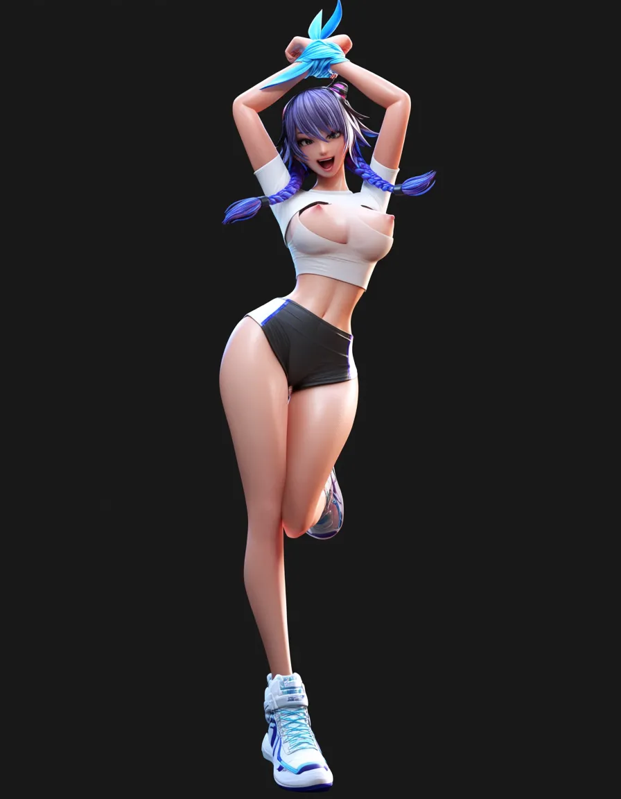 twin_braids white crop top with short sleeves, nipple_slip ,legs apart creampie, playful expression, hands tied up over head, score_9, score_8, 3d render, octane render, subsurface scattering, ray tracing, smooth shading