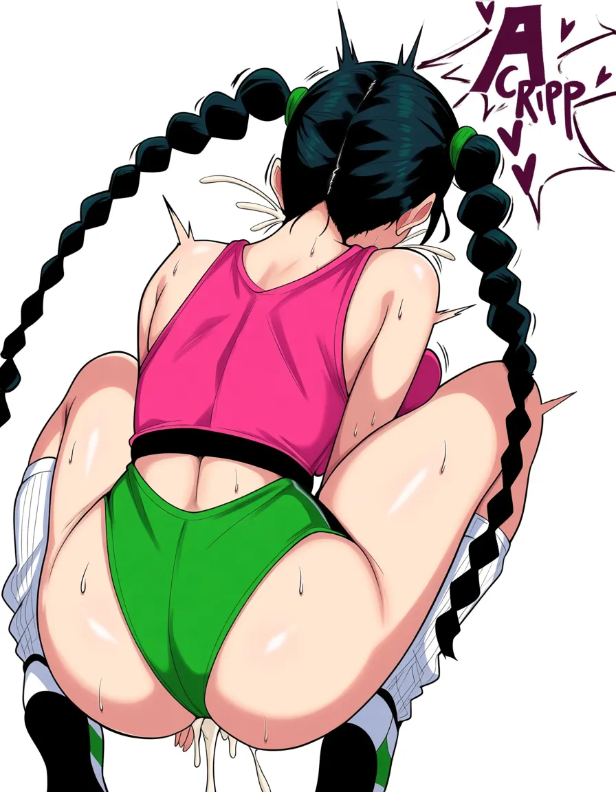 Human girl with black twin_braids wearing green_background pink crop_top  and white socks arms_behind_head breast_sucking spread_legs cumdrip, ahegao happy,, hentai_studio_quality