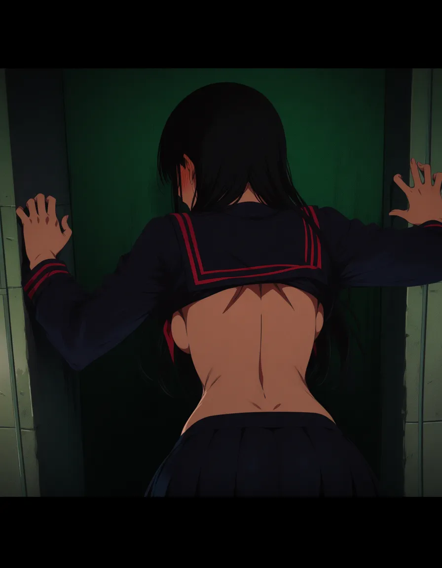 hightschool girl hidding behind a wall completely_nude and embarrassed in school with her back ans ass against the wall and her chest facing the camrea facing_viewer, hentai_studio_quality