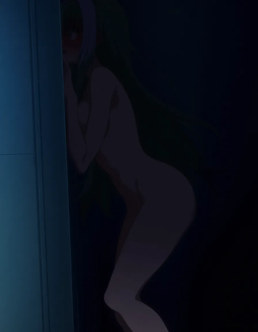 hightschool girl, hidding behind a wall, completely_nude, and embarrassed in school, with her back against the wall and the front of her facing_viewer, hentai_studio_quality