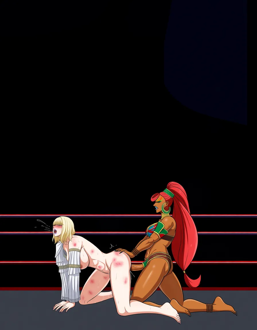 Marika_(elden_ring)_blonde_hair , urbosa , 2girls yuri sex , wrestling_ring, wrestling orgasm pussy_juice, defeated, squirting , bruised, sweat vaginal strap-on vaginal doggystyle all_fours, hentai_studio_quality