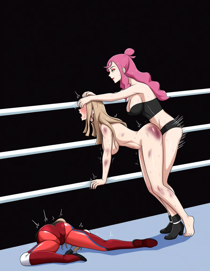 Oleana_(pokemon) , malva_(pokemon)-pink_hair , 2girls yuri sex , wrestling_ring, wrestling orgasm pussy_juice, defeated, squirting , bruised, sweat strap-on vaginal doggystyle,,,,, from_side,,,,,,, hentai_studio_quality