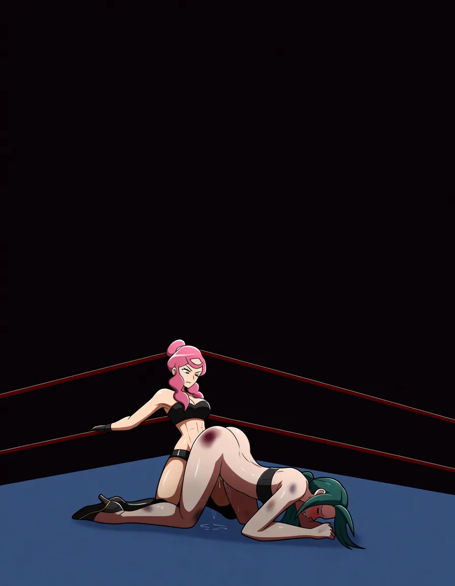 Rika_(pokemon) , malva_(pokemon)-pink_hair , 2girls yuri sex , wrestling_ring, wrestling orgasm pussy_juice, defeated, squirting , bruised, sweat strap-on vaginal doggystyle,,,,, from_side,,,,,,,,, hentai_studio_quality