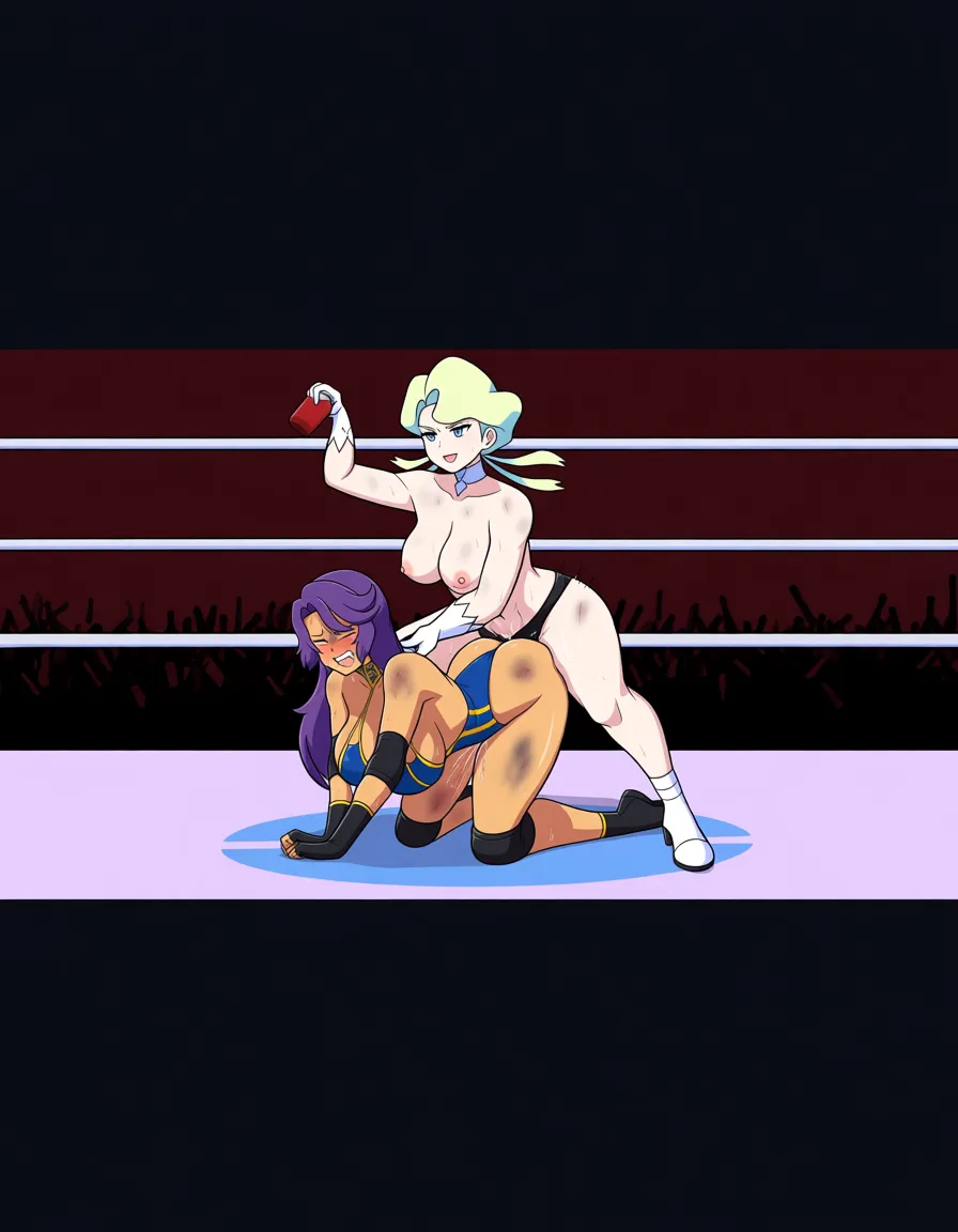 Pheobe_(pokemon) , glacia_(pokemon) , 2girls yuri sex , wrestling_ring, wrestling orgasm pussy_juice, defeated, squirting , bruised, sweat strap-on vaginal doggystyle,,,,, from_side,,,,,, hentai_studio_quality