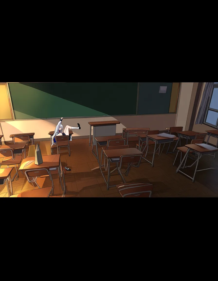 Girl with white_socks and black_skirt no_bra and no_shirt missionary in classroom, hentai_studio_quality