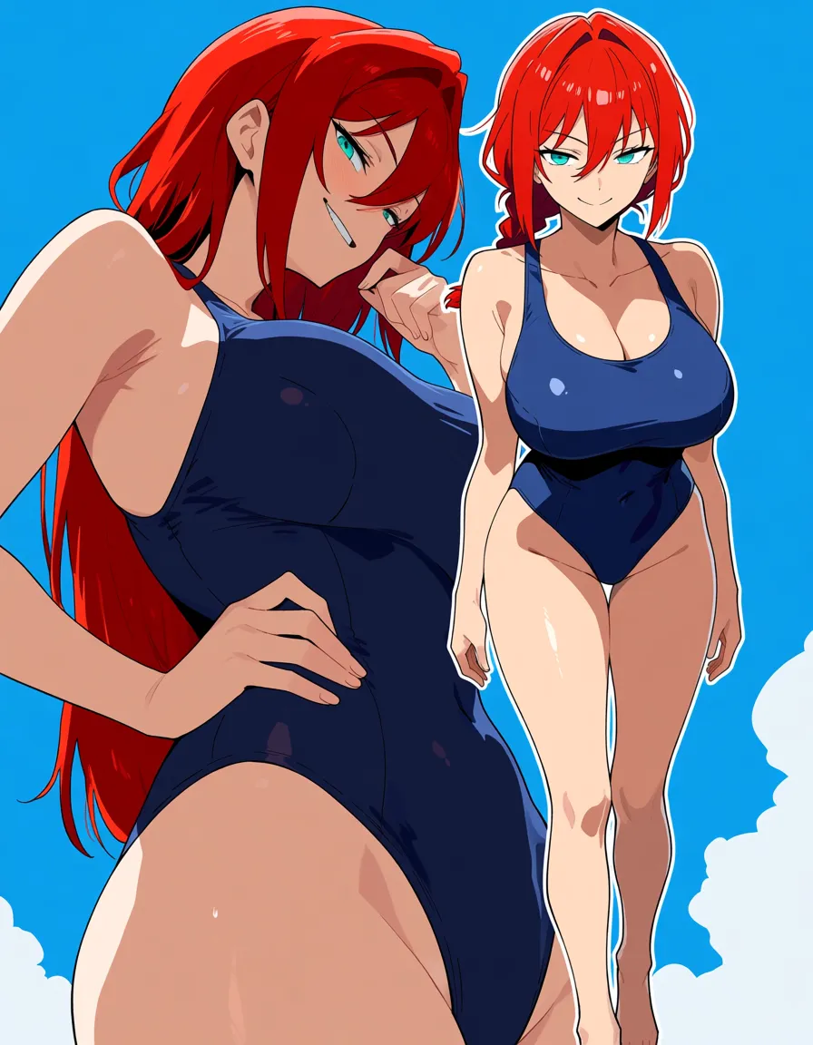 full_body , school_swimsuit , red_hair , tall female, looking_down , aqua_eyes , curvy , smirk, short_hair , braided_ponytail., hentai_studio_quality
