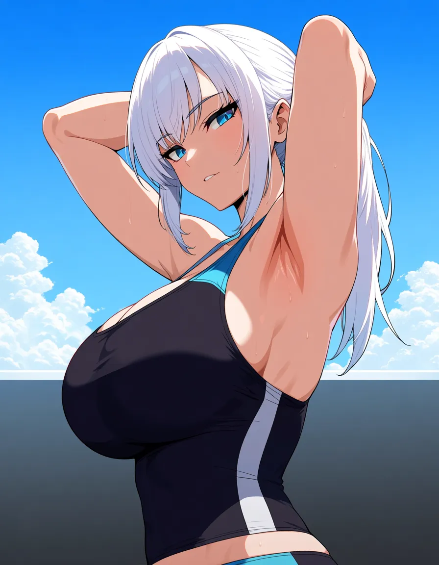 absurdres, highres, fitness model, seductive gaze, futanari, armpits, white hair, cloudy sky, hentai style, hentai_studio_quality