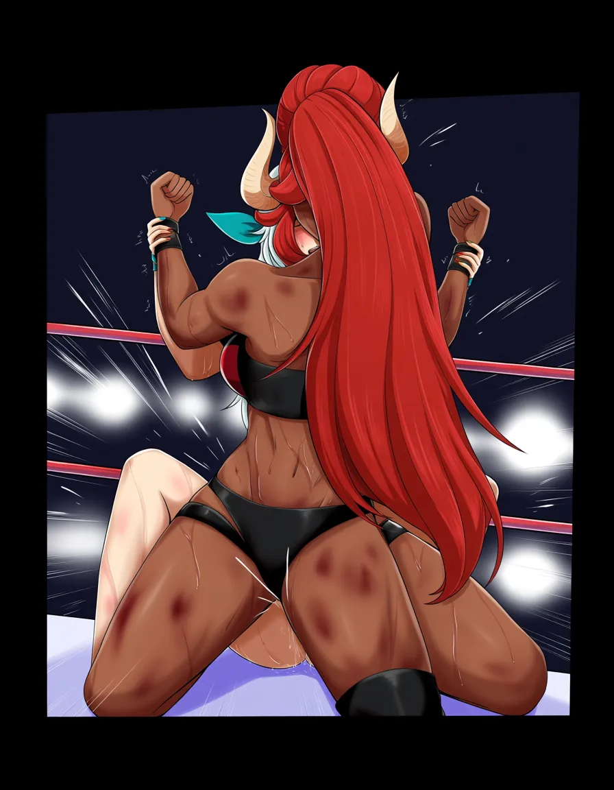 Zentreya_(vtuber)_dragon_horns_red_hair_white-skin , urbosa , 2girls yuri sex , wrestling_ring, wrestling orgasm pussy_juice, defeated, squirting , bruised, sweat strap-on vaginal missionary nude, hentai_studio_quality