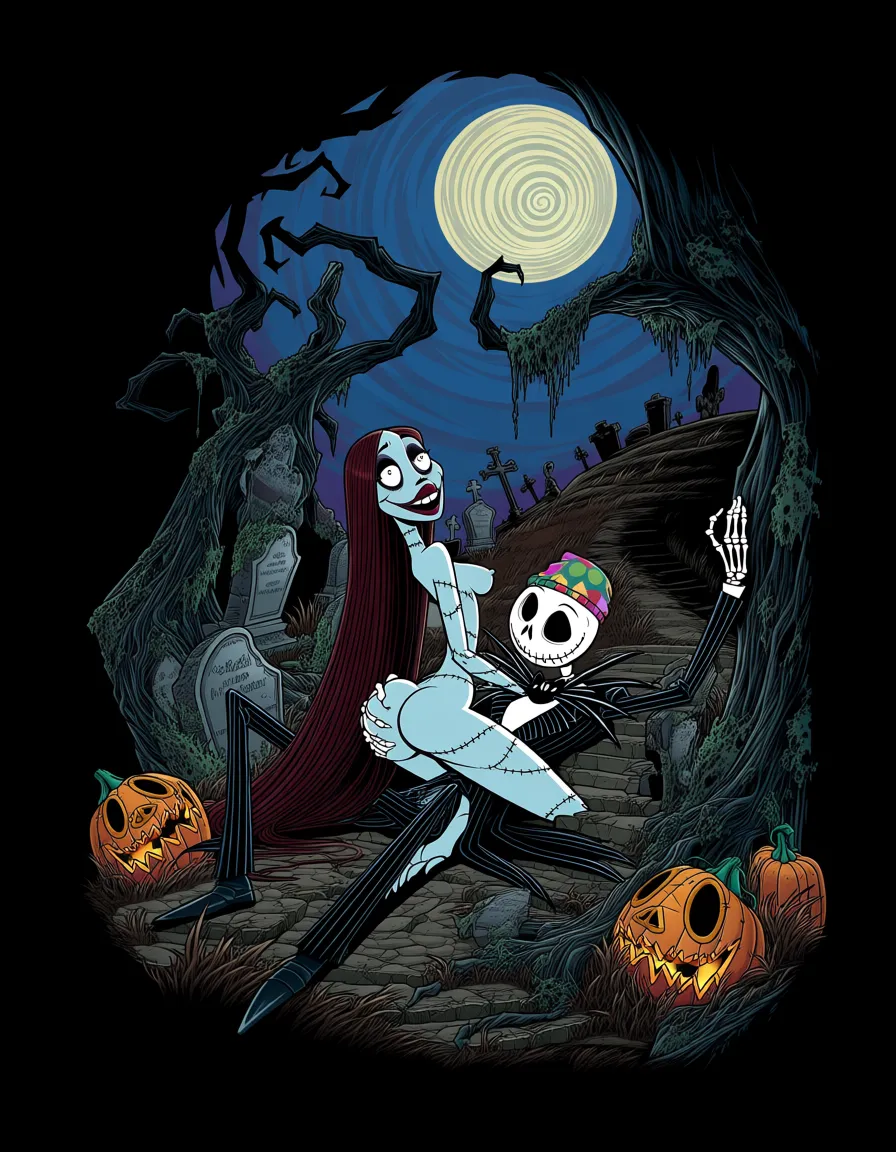 Create a sex scene of Sally from The Nightmare Before Christmas she’s fully naked with a thick and curvy hourglass body. She’s Face sitting on jack skellington. Jake Face is  skull with dark hollow eye sockets, and a big crooked grin and doesn’t have hair Jack Skellington* looks like a skinny, jack is skeletal man with *pale blue/white bony, **dark eye sockets, and a ragged black pinstripe suit, topped with a patchy pin-cushion “pumpkin” head and a crooked grin.. Jack is grabbing her ass, sally is showing heavy orgasm face, pale sky-blue skin covered with visible black thread stitches all over the body across face, neck, arms, and legs, very long straight dark red auburn hair, large round expressive eyes with tiny black pupils, deep red maroon lipstick, dark gothic claymation stop-motion aesthetic. gritty comic book art style , high-contrast chiaroscuro lighting, heavy black ink shadows, aggressive cross-hatching, sharp deep shadow casting, muted dark color palette, stylized angular anatomical proportions, dramatic edgy pose, dark graphic illustration, high detail. dark, spooky Halloweentown graveyard setting at dusk, filled with twisted, jagged trees and overgrown, mossy vines. Ancient, weather-beaten tombstones are silhouetted against a deep indigo sky illuminated by a swirling, sickly pale yellow spiral-patterned full moon. Strange, glowing pumpkins with jagged carved faces rest near the roots of the trees. The ground is dry earth and patchy dark grass, with a winding, cracked stone path leading towards a dark, crooked hill in the distance. The overall aesthetic is dark and whimsical., hentai_studio_quality