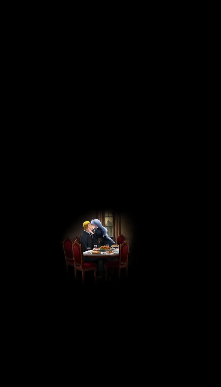 Naruto Uzumaki, sitting, Victorian suit, @hyuuga_hinata, long_hair, Victorian Maid, sitting_on_person, kiss, grabbing_another's_ass, Victorian table, food, drink, Victorian room, hentai_studio_quality