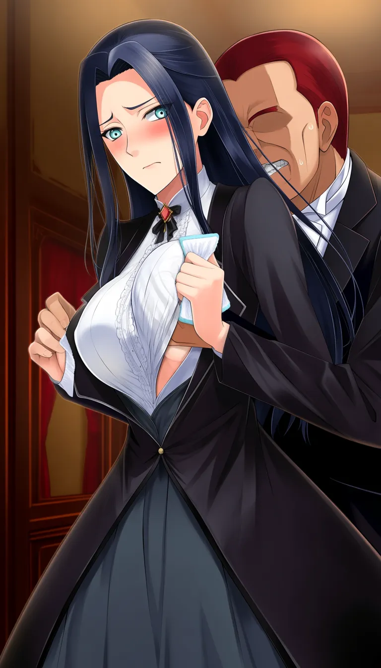 Naruto Uzumaki, standing, grabbing_another's_breast, grabbing_from_behind, Victorian suit, @hyuuga_hinata, long_hair, Victorian Maid, embarrassed, standing, open_clothes, cleaning, Victorian room, hentai_studio_quality