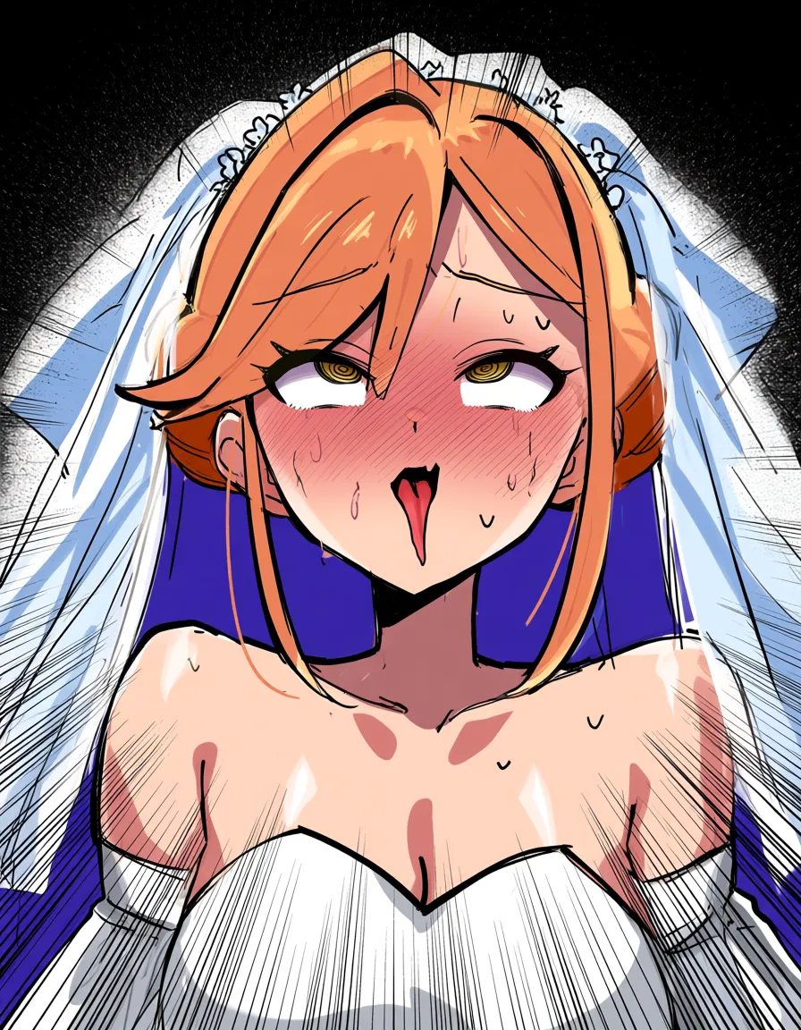 /best_quality /ultra_detailed @misty_(pokemon) #orange_hair #wedding_dress #bridal_veil #bridal_garter #@_@ #embarrassed #revealing_clothes #lace #kneeling #ahegao #public_indecency, hentai_studio_quality