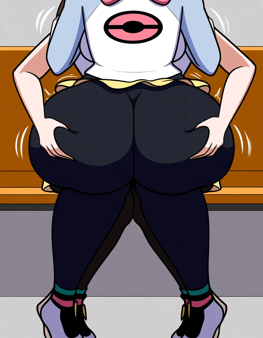 rosa_(pokemon) Rosa in a white shirt with sky blue sleeves and a pink pokeball logo on the middle of her chest on the white t shirt. Wearing black tight ankle high leggings and black flats. sittiting on another girls lap who is sitting on a bench. artist_self-insert, sitting_on_person, looking_at_another. As the other girl grabs Rosa's massive ass through her tight dark ankle high leggings. grabbing_another's_ass. While they kiss. french_kiss., hentai_studio_quality