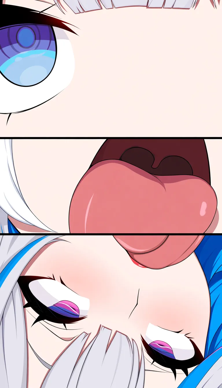 silver-haired girl with blue streaks on her knees, extreme ahegao face, tongue out. Thick cock roughly face-fucking her throat, eyes rolled back. Close-up on her ruined face. Explicit, smooth motion,