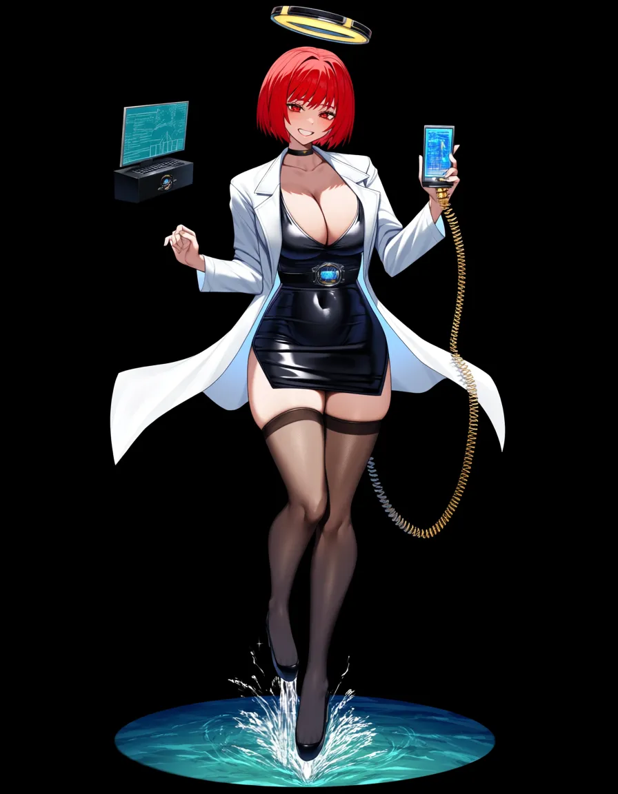 8k, sharp focus, detailed skin, redhead, pom_pom_(cheerleading), happy_sex, office lady, blowjob, hourglass figure, water, cinematic realistic, full_body, @makise_kurisu, science_fiction, lab_coat, black_dress, thighhighs, choker, black_footwear, long_skirt, short_hair, holding_phone, military, lab_coat, time_machine, mechanical_halo, anal_object_insertion, bdsm, latex, hentai_studio_quality