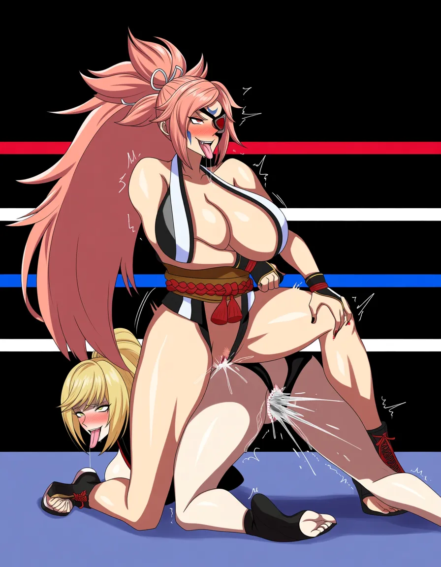 2girls yuri sex , esdeath_(akame_ga_kill), baiken_(guilty_gear) , wrestling_ring, pussy_juice cumming, orgasm ,, tongue_out,  strapon vaginal_object_insertion, all_fours doggystyle, hentai_studio_quality