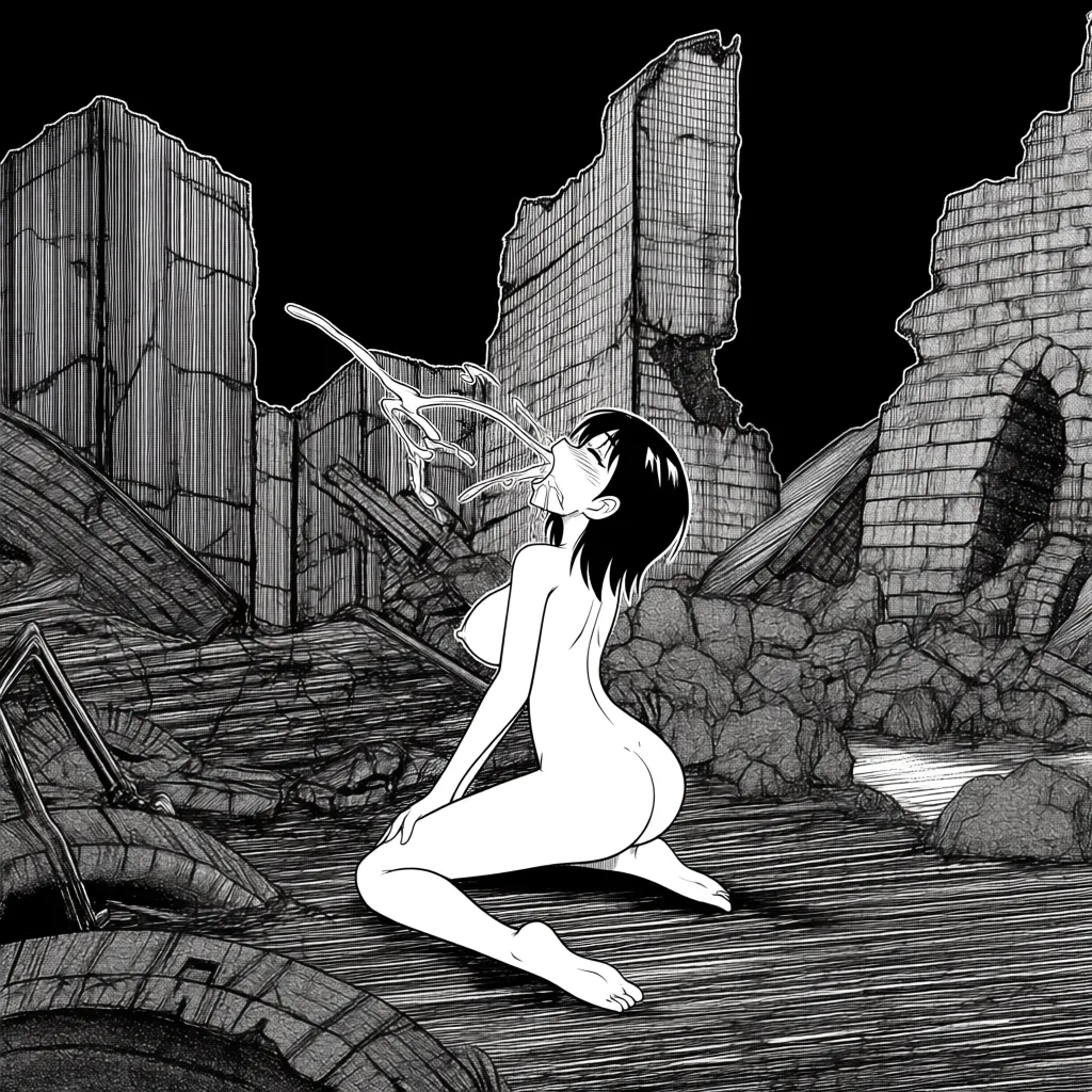 @Naruto Uzumaki, standing, @Nico Robin, nude, kneeling, fellatio, ejaculation, female slave, ruins, hentai_studio_quality