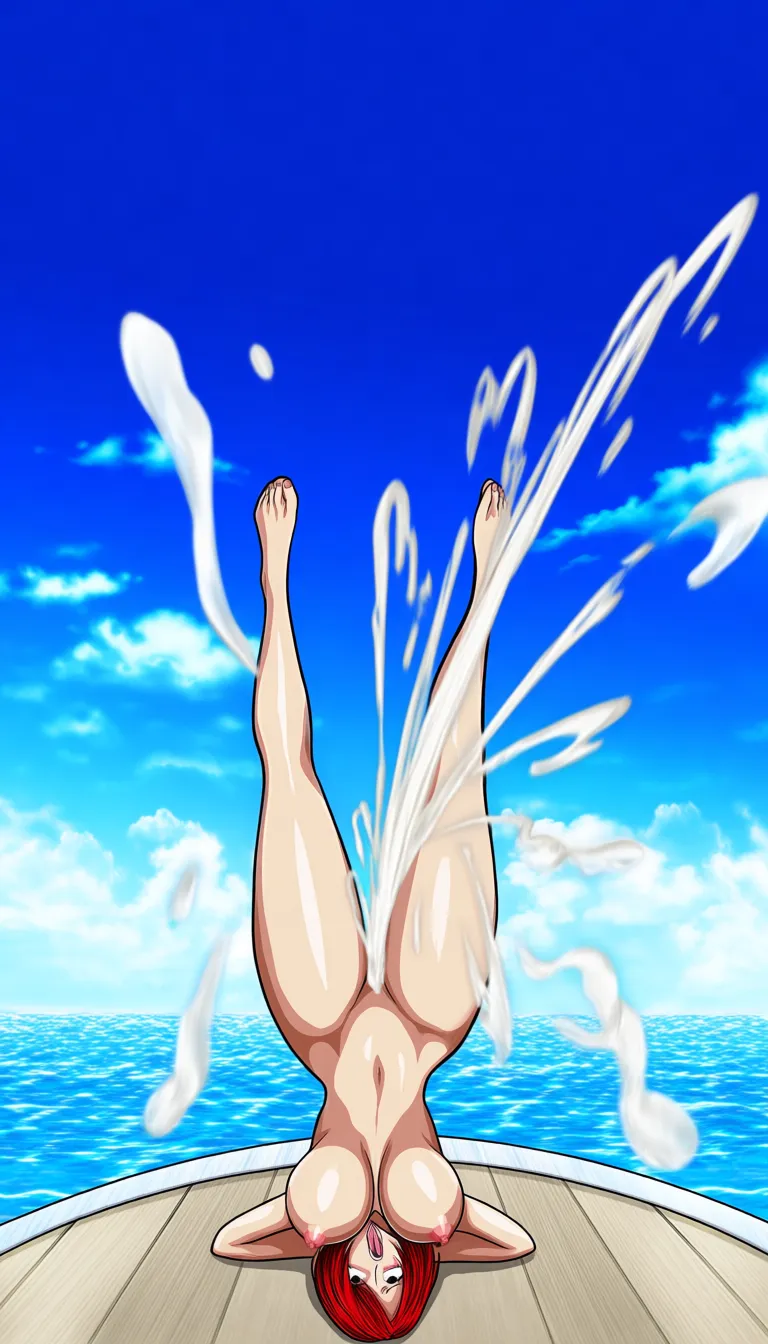 @naruto Uzumaki, @Nami (One Piece), short_hair, nude, ahegao, Piledriver_position, ejaculation, ocean, hentai_studio_quality