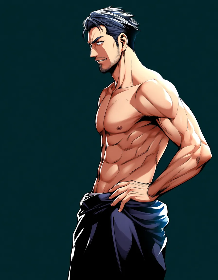 ultra detailed shading, male focus, topless, hand on own hip, eroge aesthetic, hentai_studio_quality