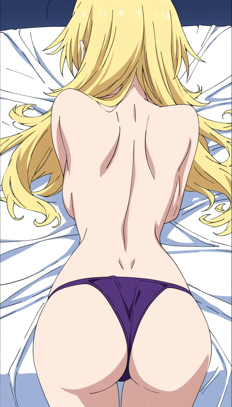 sexy vampire girl, blonde long hair, topless, wear thong, resting on bed, show back