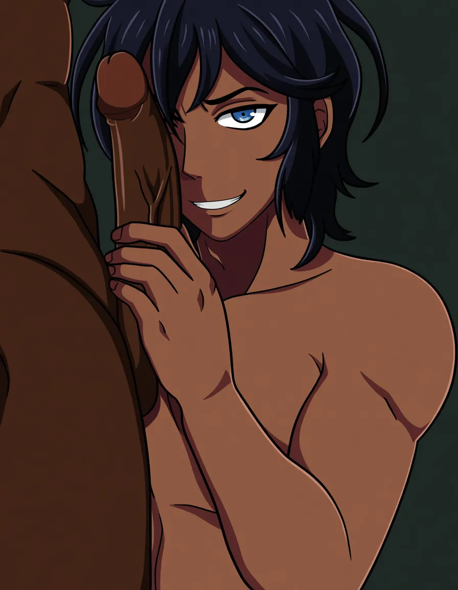 @souryuu_asuka_langley, completely_nude, smile, standing, holding penis, interracial, 2 males, (anime style:1.3), 2d, anime screencap, cel shading, flat color